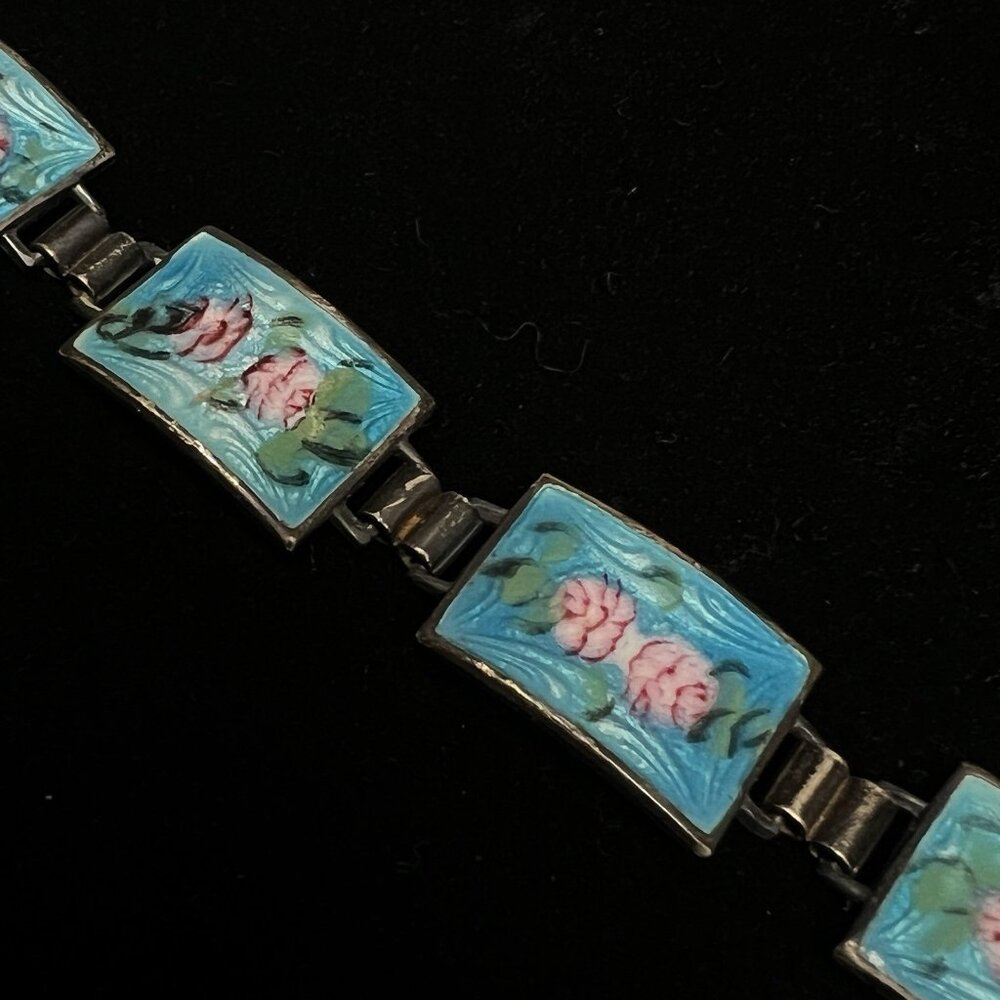 Vintage Sterling Silver Guilloche Panel Link Bracelet 19.9g Pink Roses 6.5" - Picture 2 of 13
